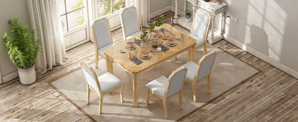 TREXM 7-Piece Farmhouse Dining Set Classic Rustic Table and 6 high-back design Chairs for Dining Room, Kitchen (Natural Wood Wash)