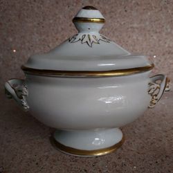 Beautiful Gold Accented White Porcelain Bowl With Gold Accented Lid And Handles