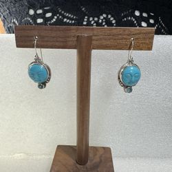 Sajen 925 Carved Face Blue Turquoise Hook Earrings