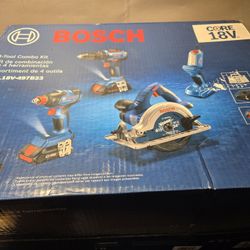 NEW Bosch 18V 4-Tool Brushless Tool Kit, Saw, Drill, Impact Driver, Light, 2-Batteries & Charger