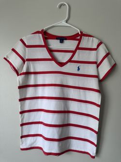 Polo Ralph Lauren White & Red Striped V‑Neck Tee – Size M