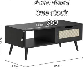 😁 DIYART Black Rattan Coffee Table, Mid Century Modern with Drawer & Shelf, 39'' Wooden Boho Coffee Table for Living Room