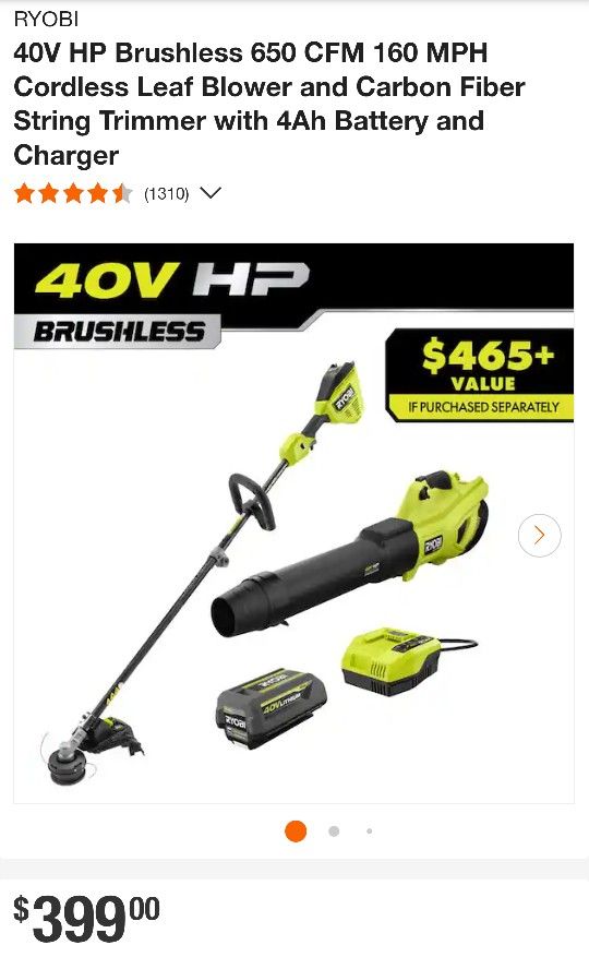 New RYOBI 40V HP Brushless 650 CFM 160 MPH Cordless Leaf Blower