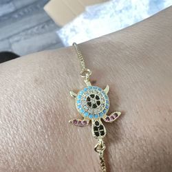 Minimalist Dainty Micro Inlaid ZC Turtle Charm 18K Gold Plated Steel, Adjustable Band