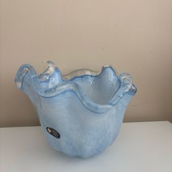 Murano Blue/White CRISTAL Swirl Tulip Sea Breeze Bowl/Vase Hand Made Italy 8''