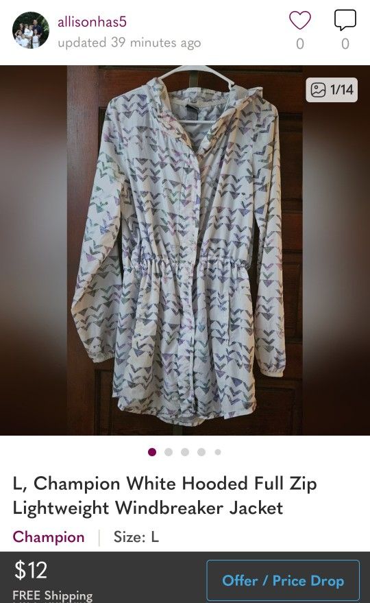 L Champion White Hooded Full Zip Lightweight Windbreaker Jacket