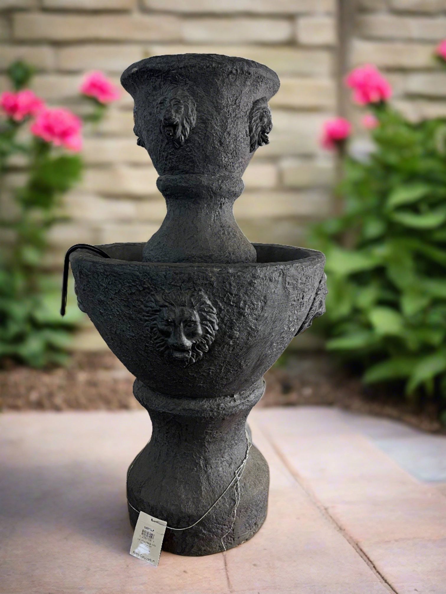 Outdoor Water Fountain, 2 Tier Lion Head Fountain With Natural Looking Stone and Soothing Sound for Decor on Patio, Lawn and Garden