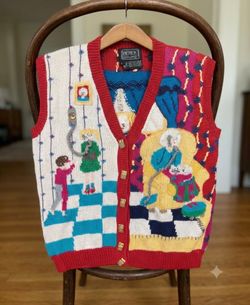 VTG 1992 Berek Hand Knit Novelty Vest 100% Pima Cotton Marta D Grandma Scene L