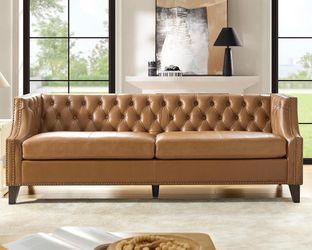 AA415-HULALA HOME 84" Genuine Leather Sofa Couch with Solid Wood Legs, Button-Tufted Chesterfield 3-Seater Sofa, Mid Century Modern Upholstered Couch 