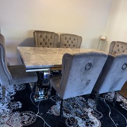 Modern Gray Marble Dining Table Set with 6 Velvet Chairs