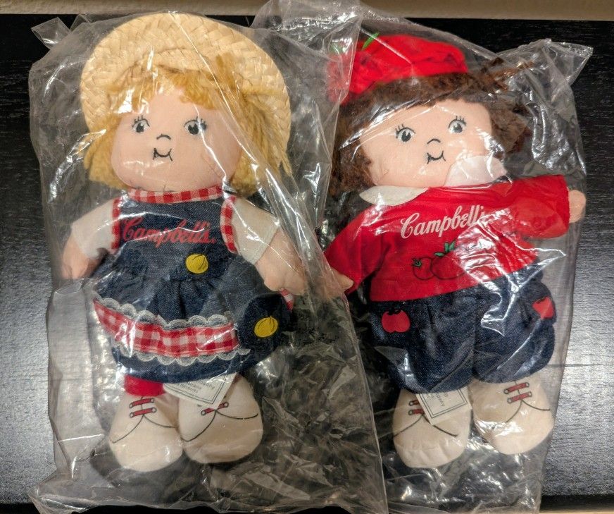 Campbell's Soup Kids Onion Girl & Tomato Soup Boy 8" Plush Bean Bag Doll 2000 NIB Sealed