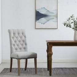 LAST PIECES: Designer Gray Linen Dining Chair - Distressed Oak & Bronze Nailhead Trim - NEW 