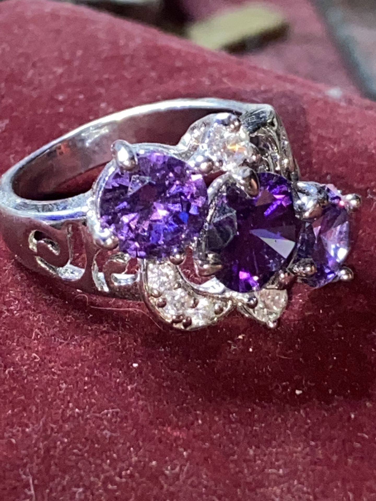 Size 7 With Three Large Amethyst, Purple, And Two Larger And Three Smaller, Clear Stones, Which Are Cz