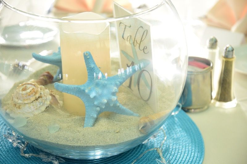 13 fish bowl wedding centerpieces - candles, table numbers, sand