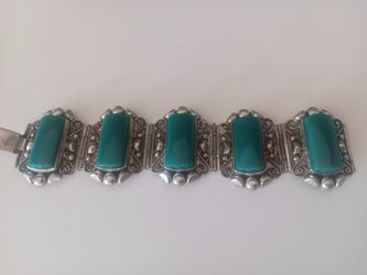 Mexico Sterling Silver Panel Bracelet With Green Cabachons