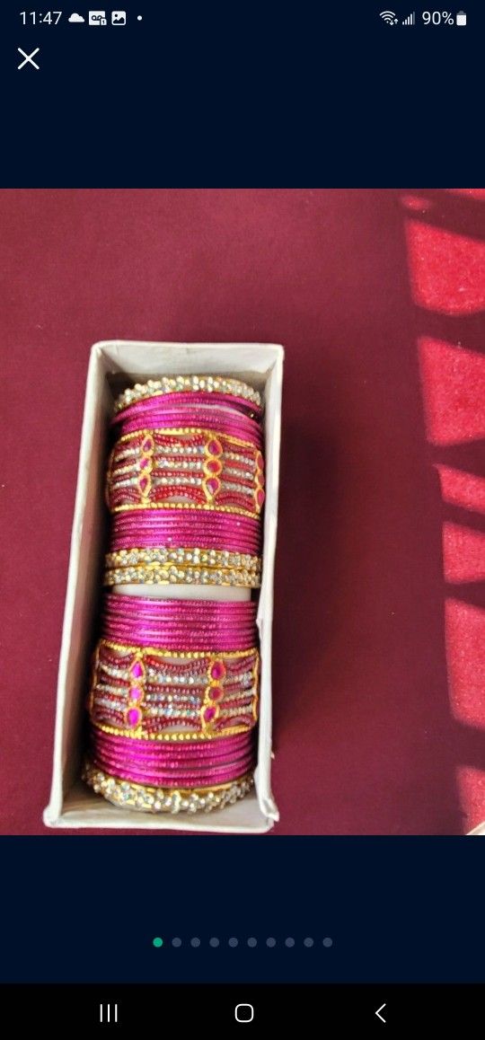 Beautiful metal with beads rhinstone bangle set hot pink color 