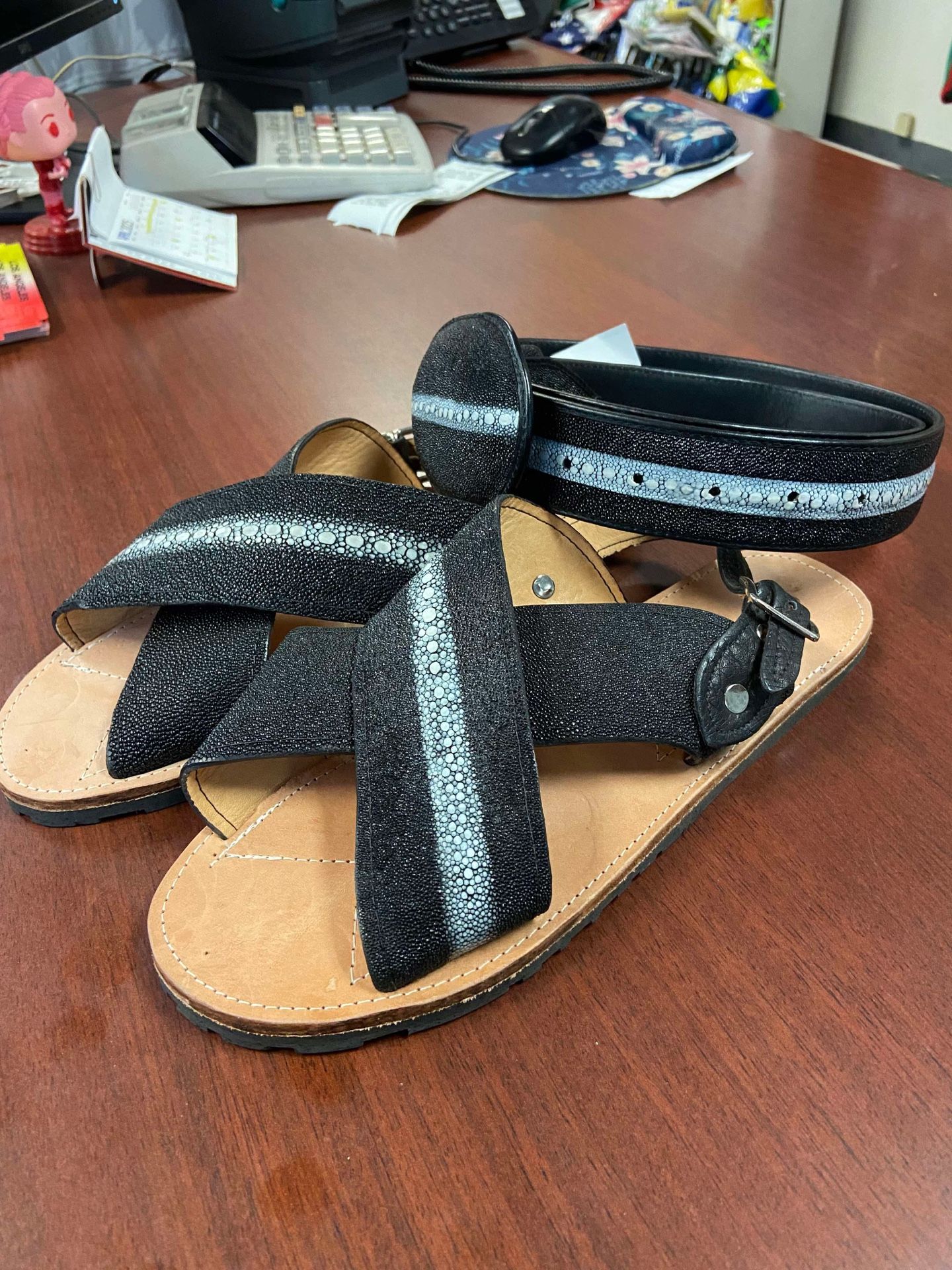 Huaraches y cinturón de piel original perla completa para hombre