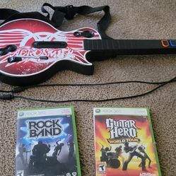 Xbox 360 Wired Guitar Kiosk Aerosmith Les Paul and games