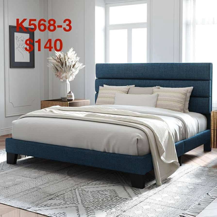 King Size Platform Bed Frame with Fabric Upholstered Headboard and Wooden Slats Support K568-3