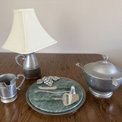 Antique Pewter Serving Set & Lamp