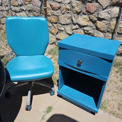 Black Foldable Chair,  Night Stand,  And Blue Chair 