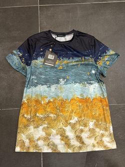 JustFashionNow Abstract Gold Blue Graphic Tee S NWT
