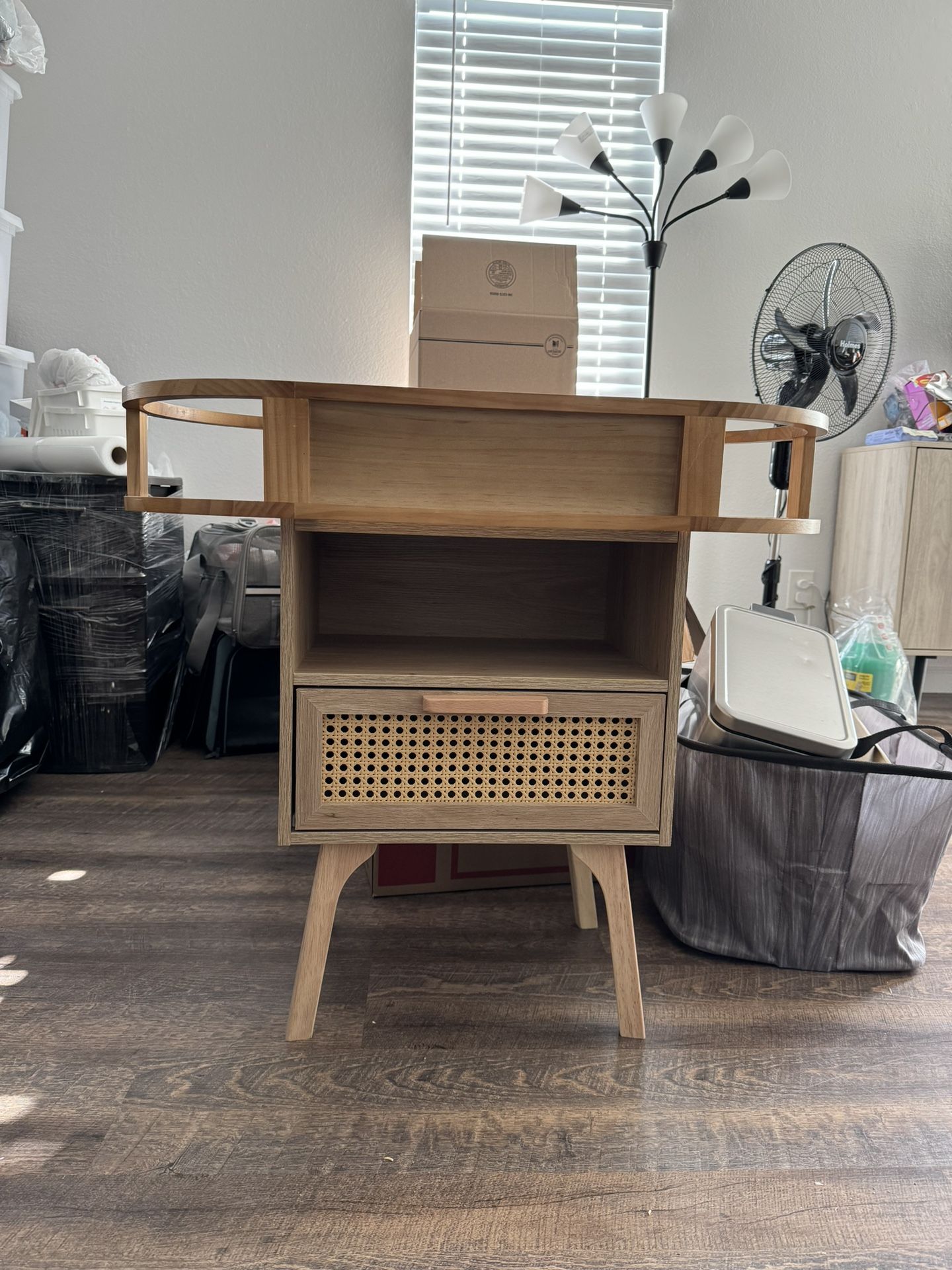 Nightstand (Rattan) and Wall Organizing Shelf (Natural Wood)