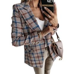 Women's Casual Long Sleeve Lapel Button Slim Work Office Plaid Blazer