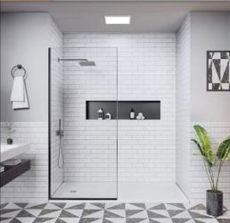 32 in. W x 74 in. H Semi-Frameless Fixed Glass Shower Door in Matte Black with Nano-Coated Clear Tempered Glass