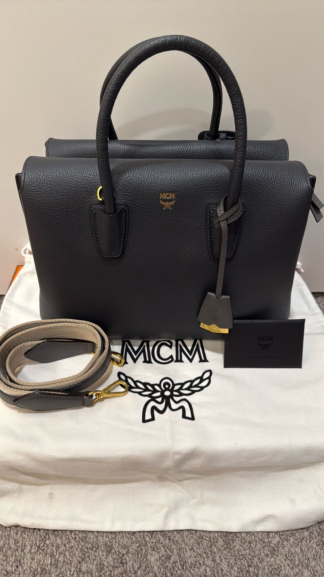 MCM Grained Calfskin Medium Milla Tote Phantom Grey
