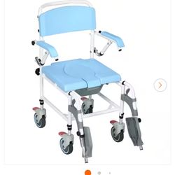 Accessibility Commode Wheelchair, Rolling Shower Wheelchair with 4 Castor Wheels, 17" Seat Width, Blue