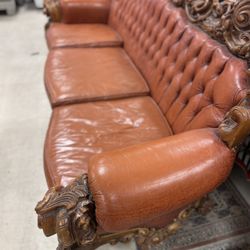Baroque Rococo inspired carved leather sofa w/a button-tufted back & pair of accent chairs - Retail: $7200
