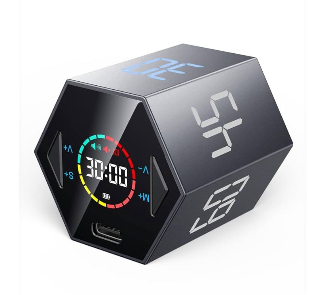Pomodoro Timer Cube, Hexagon Productivity Timer, Pause & Resume, Silent, Vibrate & Adjustable Sound Alert, for ADHD, Task, Work, Study, 5/15/25/30/45/