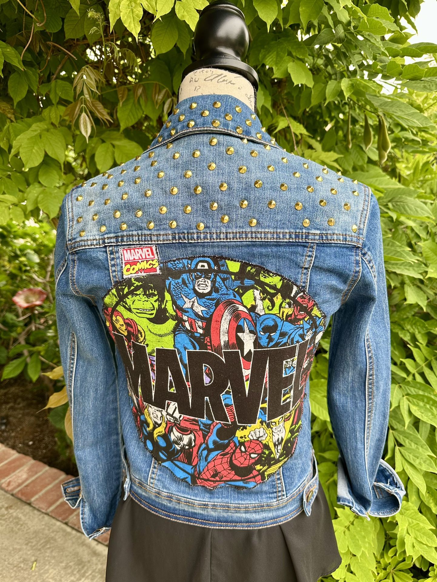 Women's Marvel Comics Multi Character Enhanced Gold Studded Jean Jacket-Small Petite