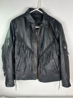 Women's Diamond Plate Genuine Leather Fringe Biker Jacket - Large