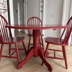 Red Wooden Table Set W/ 4 Chairs 