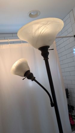 beautiful torchiere floor lamp two light 6' standing glass shades rubbed bronze works great