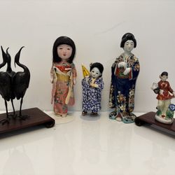 Vintage Japanese Figurines & Dolls – Crane Sculpture & Kimono Figures (Lot)