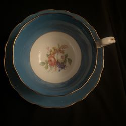 RARE Sadler Rode Heath Bone China Teacup and Saucer, Cabbage Rose, Blue, Gold Gilt Trim
