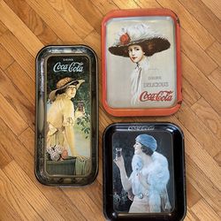 3 Vintage 1970 Coca-Cola Advertisement Metal trays signs 1920s remakes