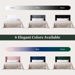 Queen Size Bed Frame, Velvet Platform Bed with Upholstered Wingback Headboard, No Box Spring Needed, Pink