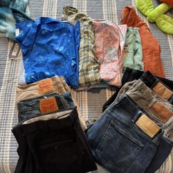 Men’s Clothing Lot: Jeans (5 pair, 36Wx 34L), Pants (1 pair, 38W x 34L) Short Sleeve and Long Sleeve Shirts