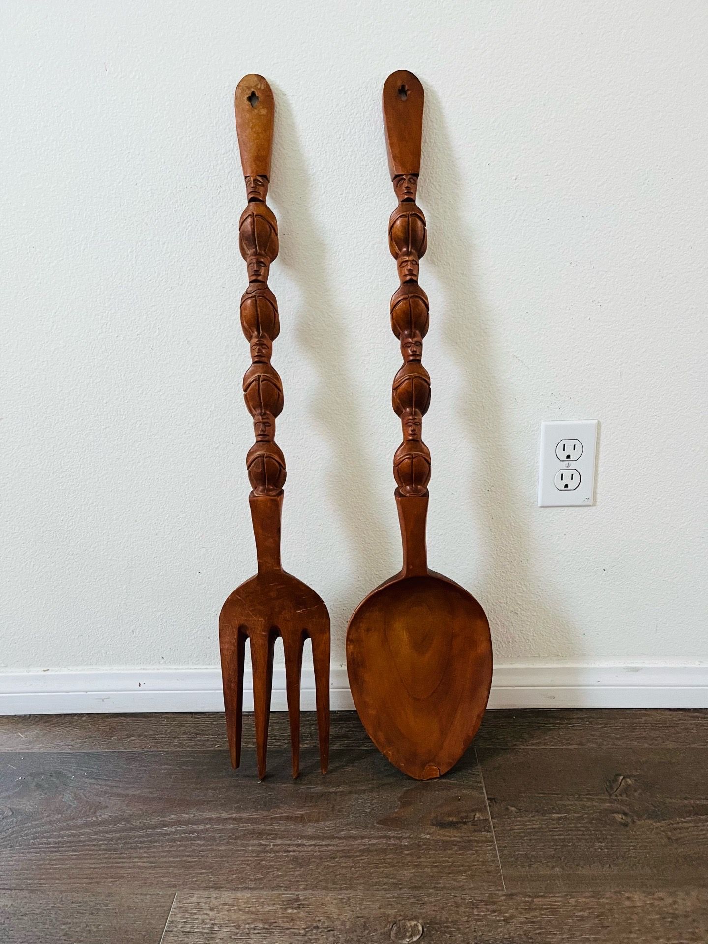 vintage hand carved wooden Spoon And Fork Handles With Stacked Human Figures 31