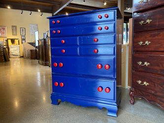 Cobalt Blue Four Drawer TallBoy with Red Knobs