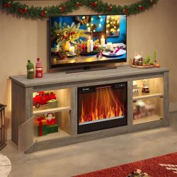 Bestier 63 in. Freestanding Media Console Electric Fireplace TV Stand Fits TV'​s Up to 70 in. with Cabinet in Wash Grey