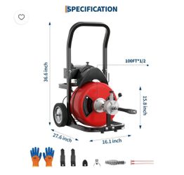 100FT x 1/2" Sewer Snake Cleaning Machine on 4 Wheels, Powerful Electric Drain Auger with Cutters, Air-Activated Foot Switch, Portable Plumbing Tool f