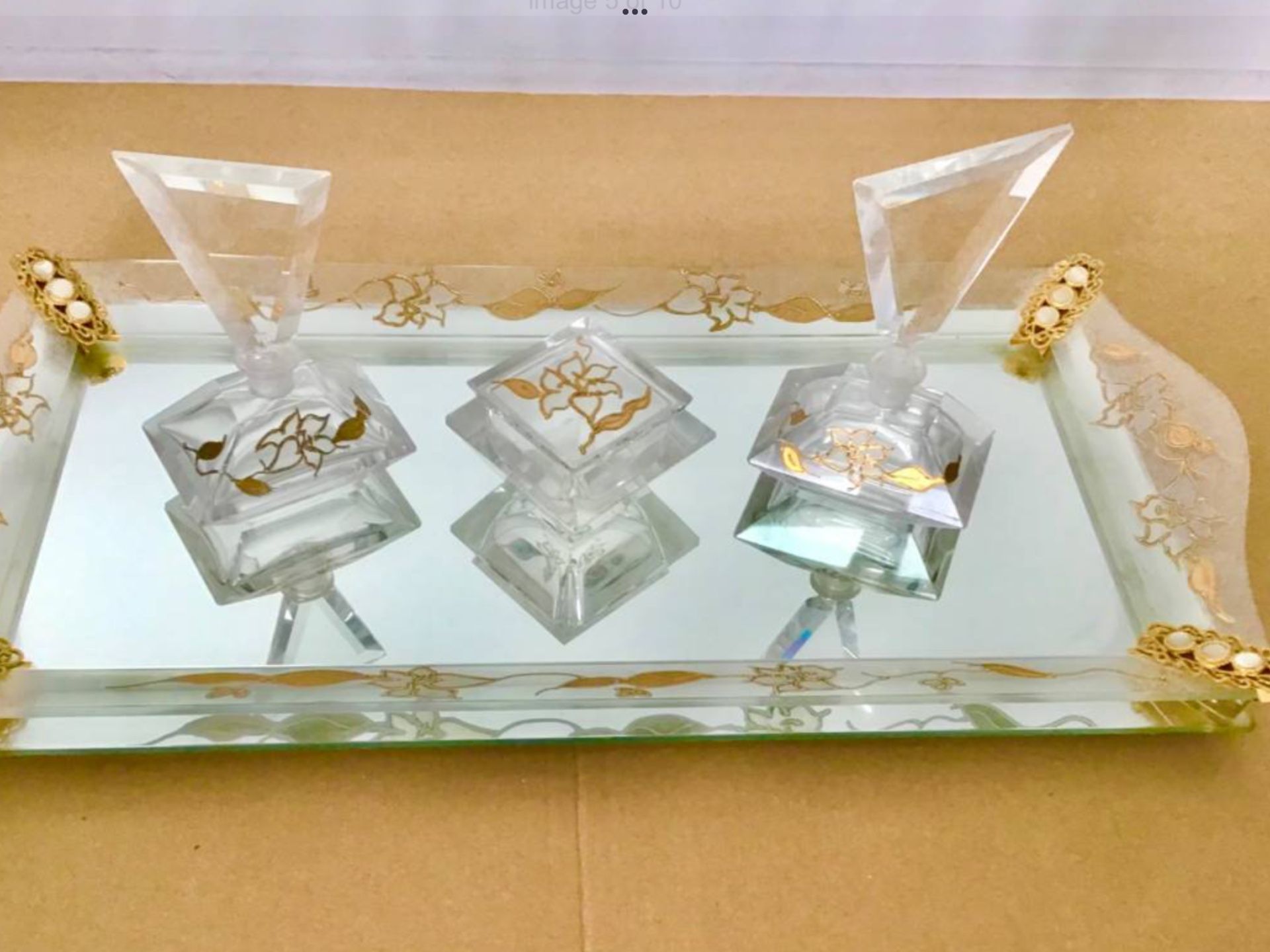 1950s Large Vanity Dresser Set Mirror Tray 2 Perfume Bottles Lidded Jewelry Box Hollywood Regency Style Gold Ornate