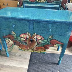 Custom Wood Console With Mirror & Side Table 