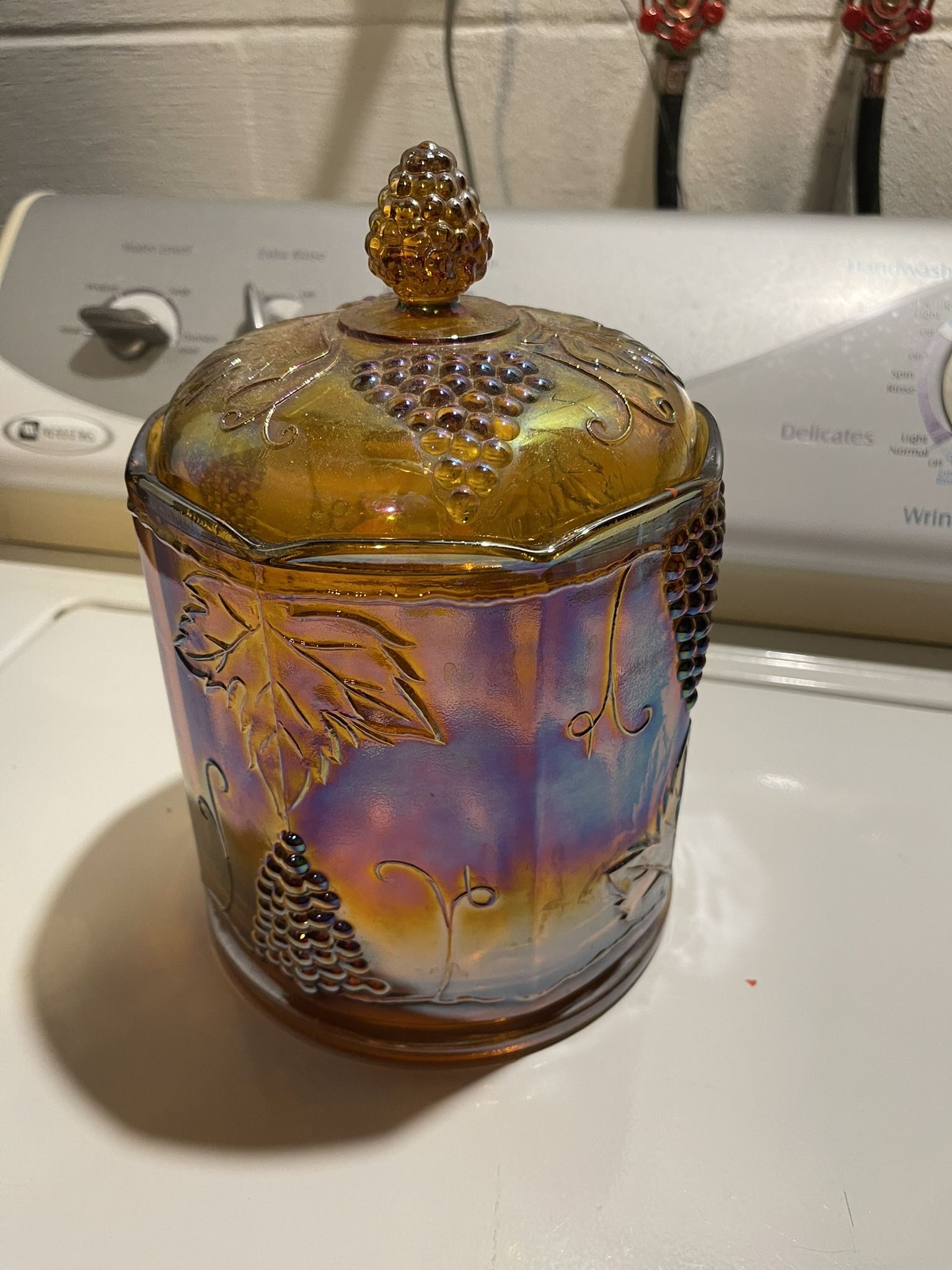 Carnival Glass Harvest Grape Canister Jar