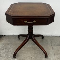 Vintage Leather Top End Table – Octagonal – Brass Feet on Wheels